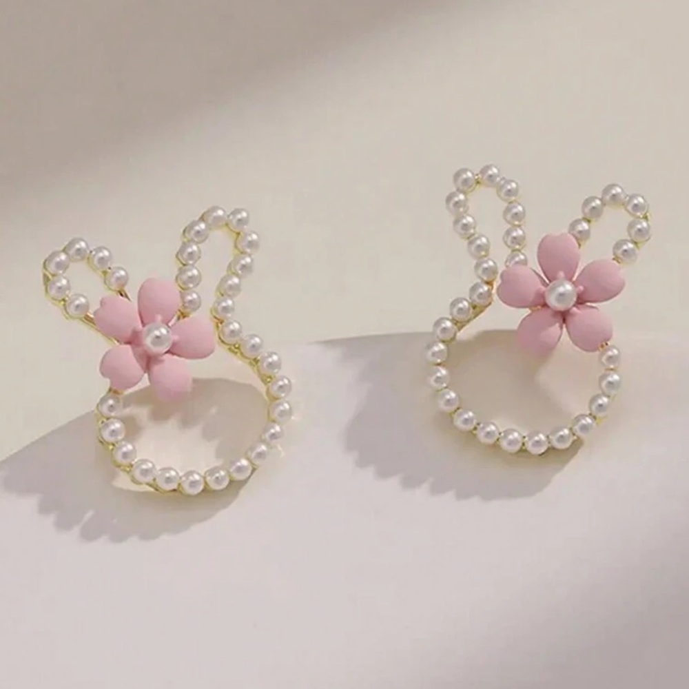 Elegant Faux Pearl Bunny Earrings with Pink Flower, Easter Bunny Earrings